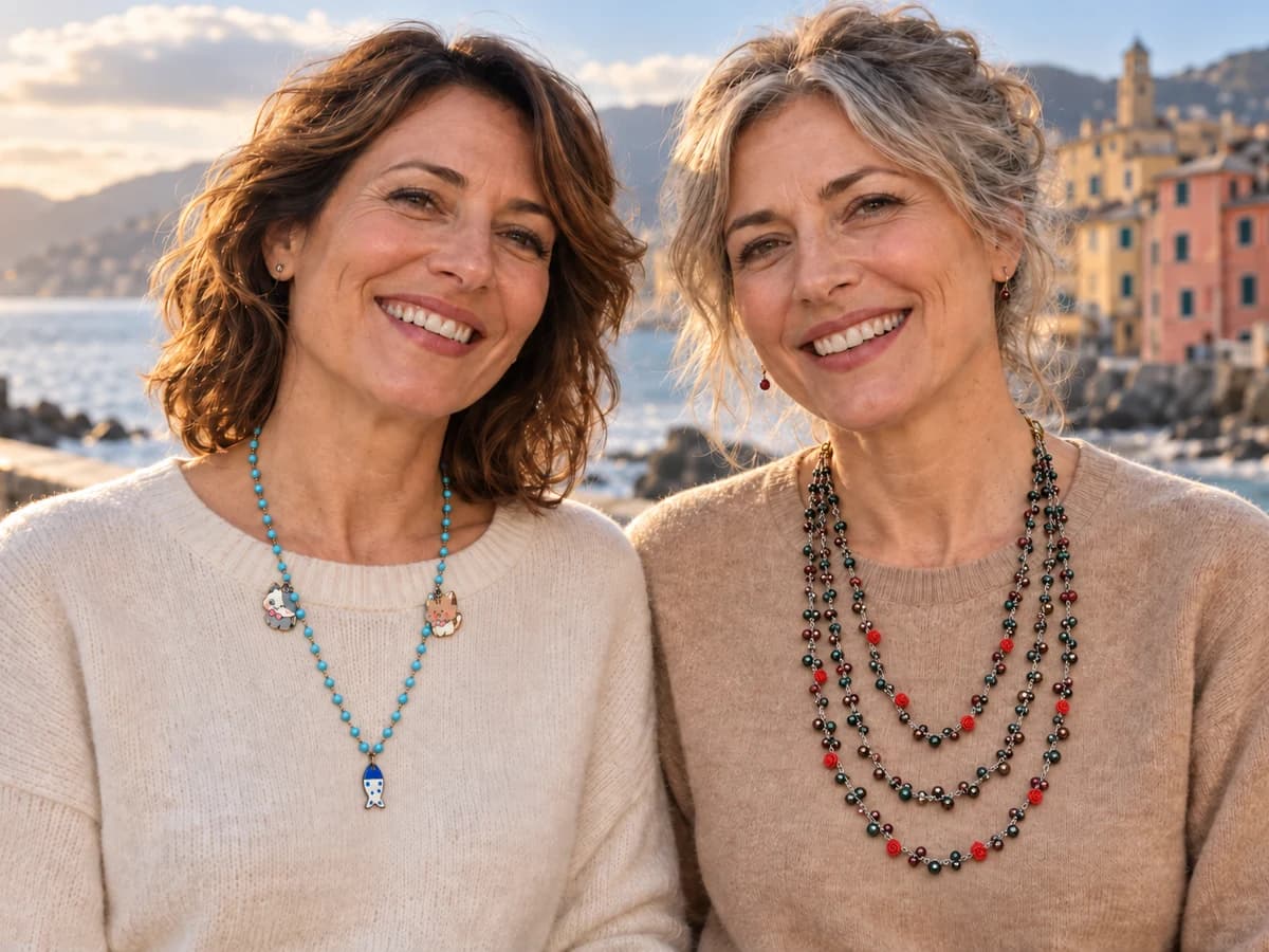Due amiche sorridenti sul lungomare di Genova in autunno: a sinistra con la collana Gattini turchesi, a destra con la collana Tre fili · Rose d’inverno. Immagine di campagna interamente creata con l’AI, gioielli compresi, ispirata ai gioielli reali.