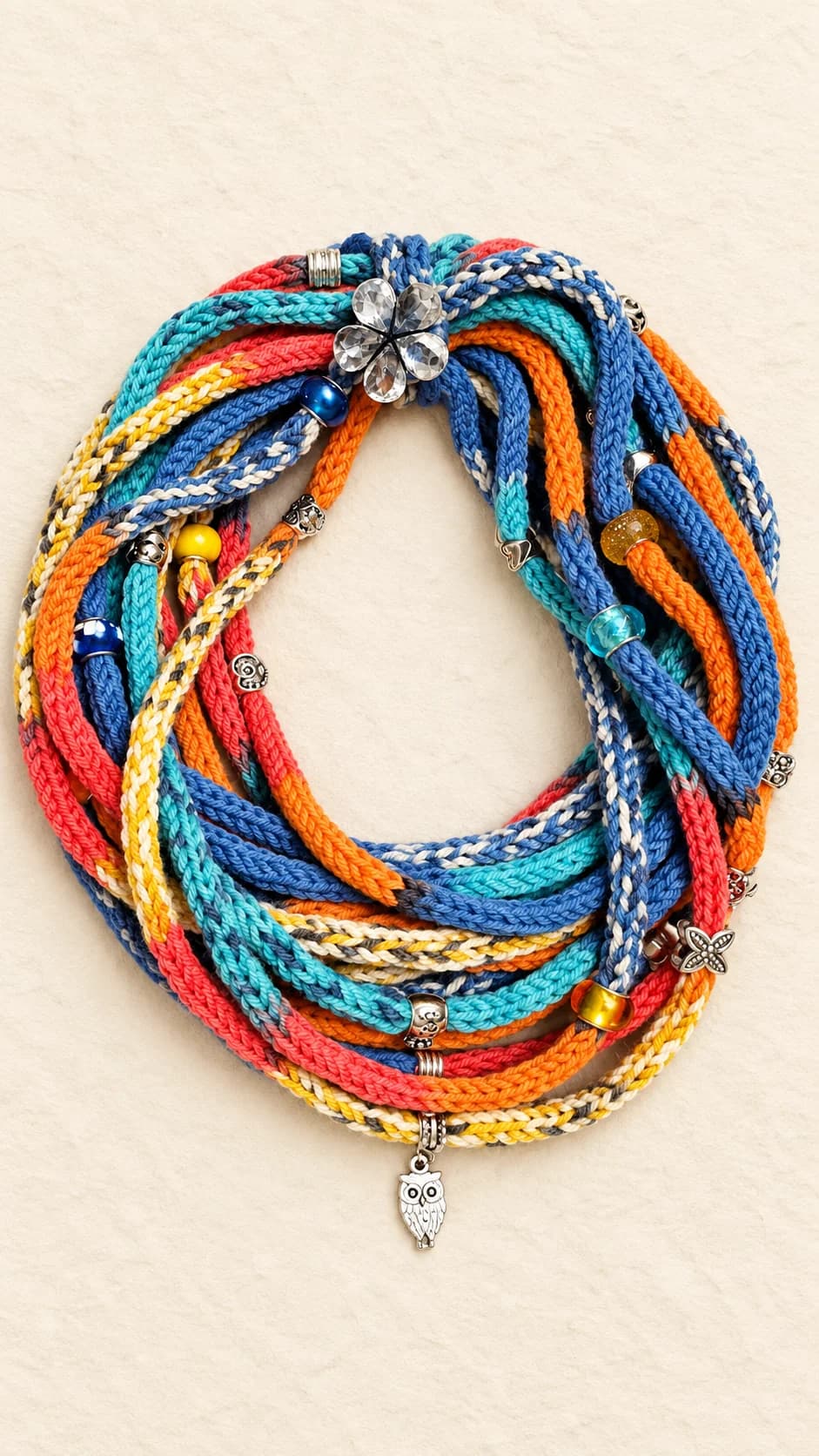 Collana a più fili in lana merinos lavorata, con perle decorative, fiore trasparente, piccoli elementi metallici e charm a forma di gufo.