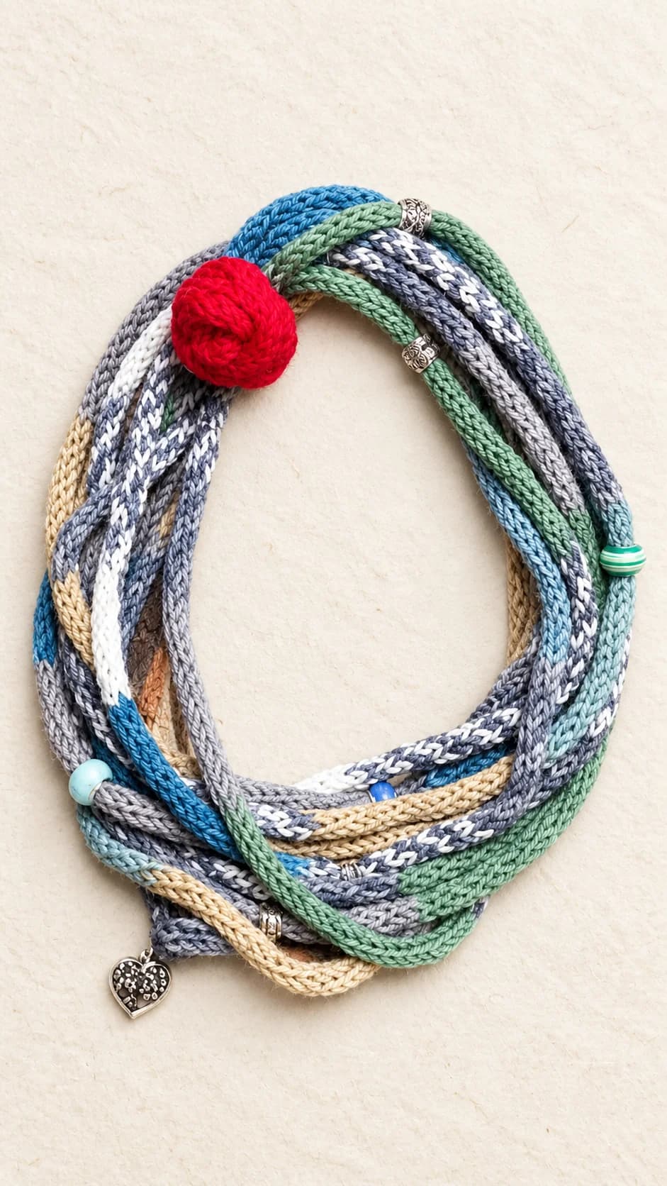 Collana a più fili in lana merinos lavorata, nei toni grigio, salvia, crema e blu, con perle decorative, rosa lavorata e piccoli charm metallici.